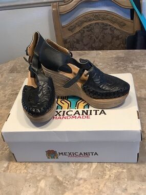 Mexicanita Black Woven Leather Wedge Sandals with Ankle Strap